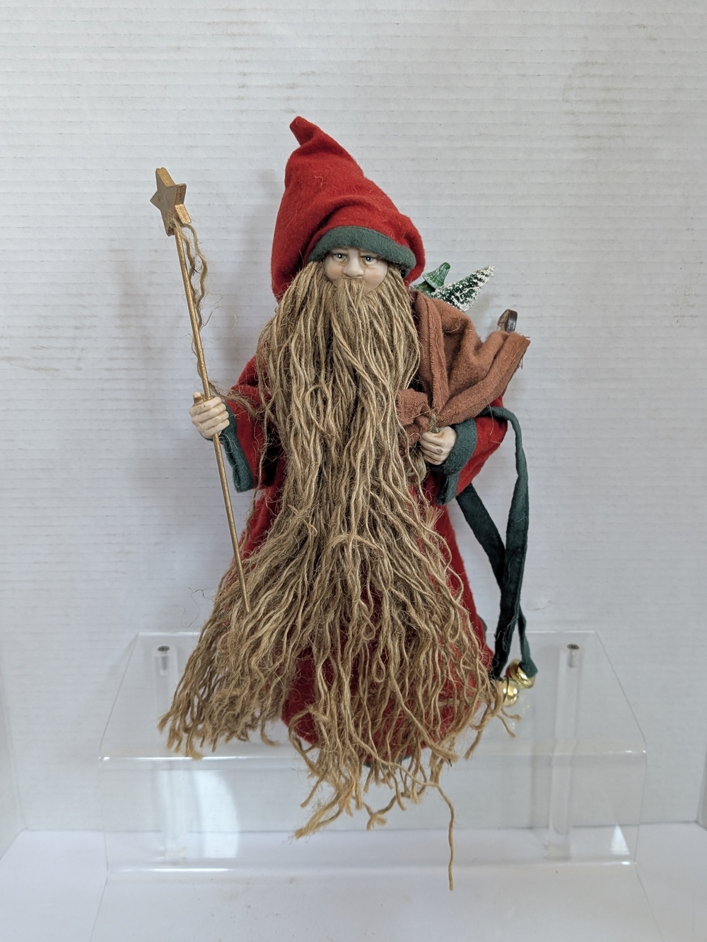Red and Green Holiday Santa Figurine with Long Beard Tree Topper